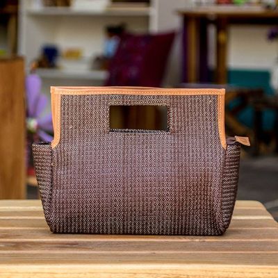 Alternate image for Brown White Leather-Accented Handwoven Cotton Handle Bag Sublime Style