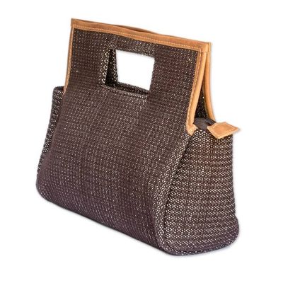 Alternate image for Brown White Leather-Accented Handwoven Cotton Handle Bag Sublime Style