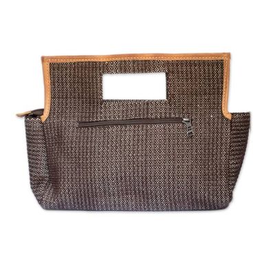 Alternate image for Brown White Leather-Accented Handwoven Cotton Handle Bag Sublime Style