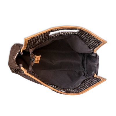 Alternate image for Brown White Leather-Accented Handwoven Cotton Handle Bag Sublime Style