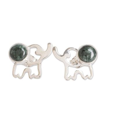 Alternate image for Elephant-Themed Green Jade Button Earrings from Guatemala Serenity Trunks