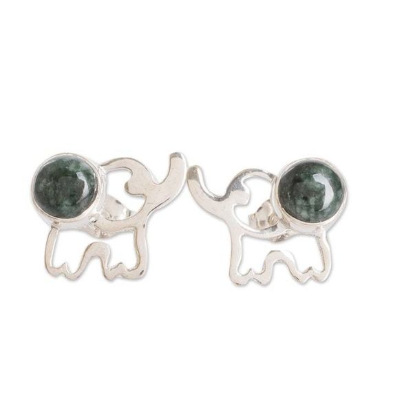 Alternate image for Elephant-Themed Green Jade Button Earrings from Guatemala Serenity Trunks