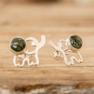 Alternate image for Elephant-Themed Green Jade Button Earrings from Guatemala Serenity Trunks