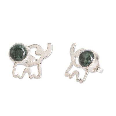 Alternate image for Elephant-Themed Green Jade Button Earrings from Guatemala Serenity Trunks