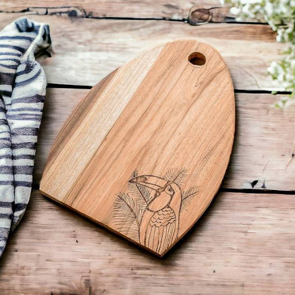 Semi-Oval Laurel Wood Cutting Board with Toucan Engraving 'Toucan's Treats'