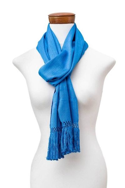 Alternate image for Handwoven Rayon Scarf in Blue Shade with Fringed Ends Sea Reflections