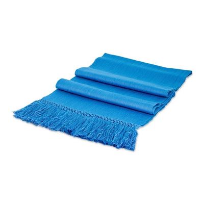 Alternate image for Handwoven Rayon Scarf in Blue Shade with Fringed Ends Sea Reflections