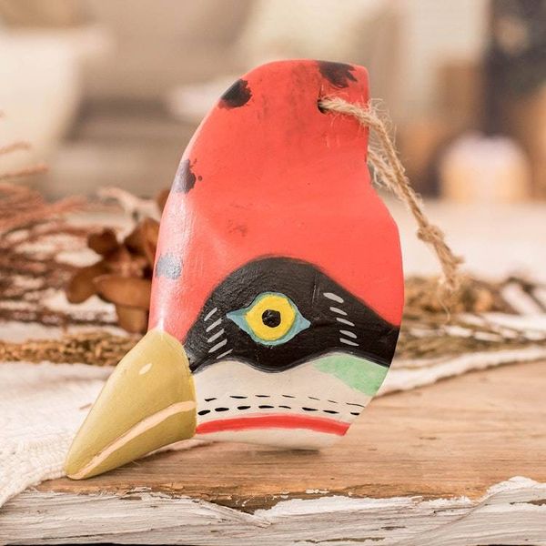Alternate image for Woodpecker-Themed Hand-Carved and Painted Wood Wall Mask Whimsical Woodpecker