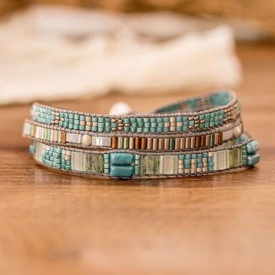 Alternate image for Hand-Woven Beaded Wrap Bracelet with Pewter Button Clear Water