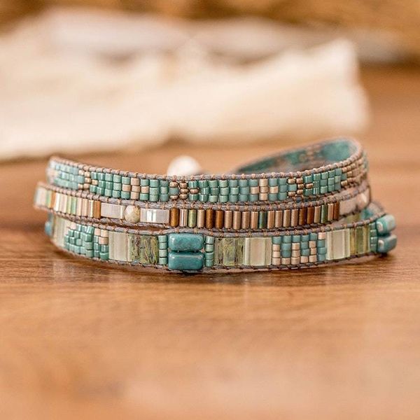Alternate image for Hand-Woven Beaded Wrap Bracelet with Pewter Button Clear Water