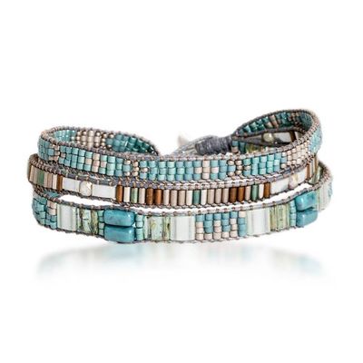 Alternate image for Hand-Woven Beaded Wrap Bracelet with Pewter Button Clear Water