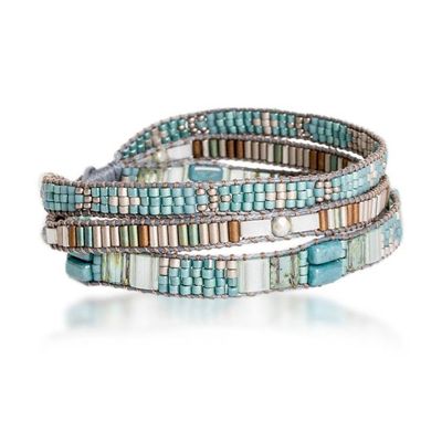 Alternate image for Hand-Woven Beaded Wrap Bracelet with Pewter Button Clear Water