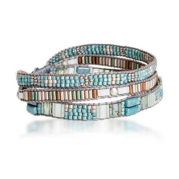 Alternate image for Hand-Woven Beaded Wrap Bracelet with Pewter Button Clear Water
