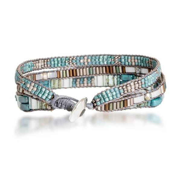 Alternate image for Hand-Woven Beaded Wrap Bracelet with Pewter Button Clear Water