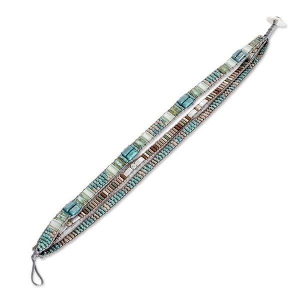 Alternate image for Hand-Woven Beaded Wrap Bracelet with Pewter Button Clear Water