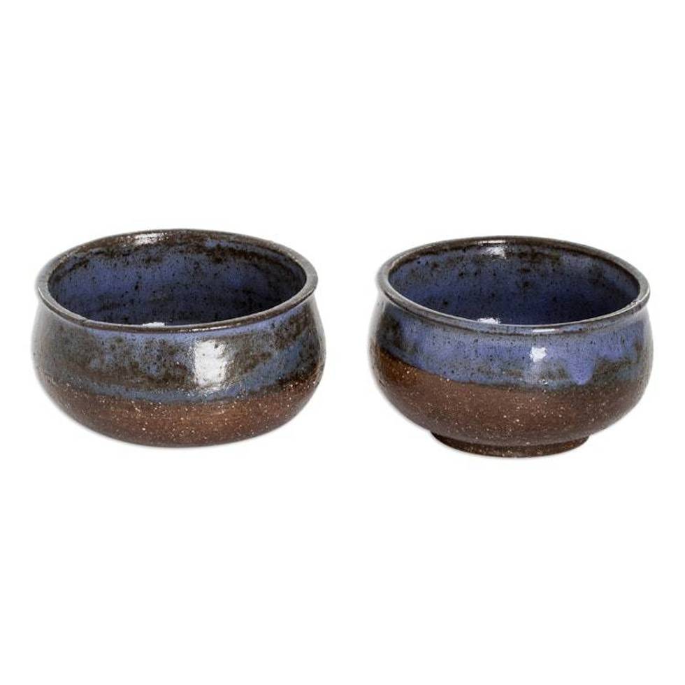 Two Brown and Blue Ceramic Dessert Bowls with Antique Finish 'Culinary Delights'