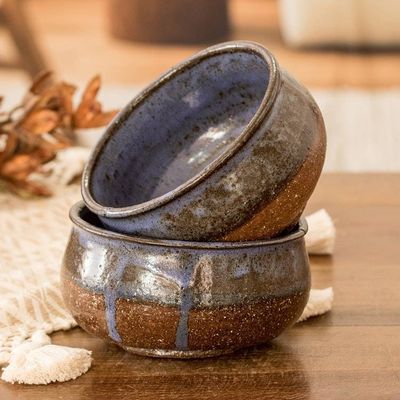 Alternate image for Two Brown and Blue Ceramic Dessert Bowls with Antique Finish Culinary Delights