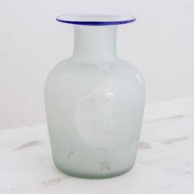 Primary image for Clear Frosted Moon and Stars Hand Blown Recycled Glass Vase Misty Night