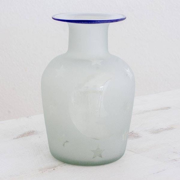 Alternate image for Clear Frosted Moon and Stars Hand Blown Recycled Glass Vase Misty Night