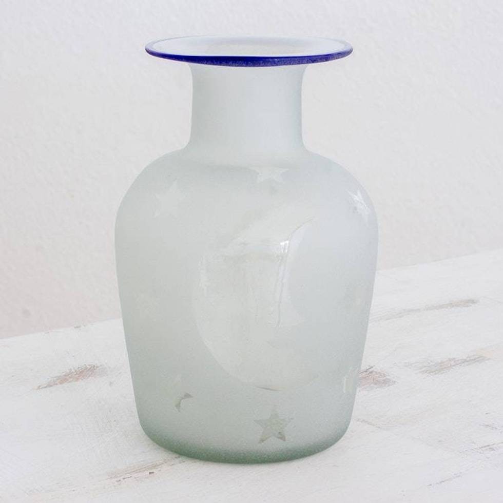 Clear Frosted Moon and Stars Hand Blown Recycled Glass Vase 'Misty Night'