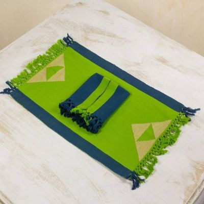 Primary image for Modern Blue and Green Handwoven Cotton Table Linens for 4 Paths Across the Meadow
