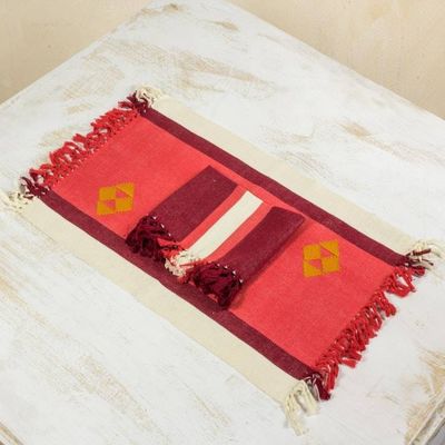 Primary image for Red Handwoven Cotton Table Linens from Guatemala Set for 4 Cherry Orchard Path