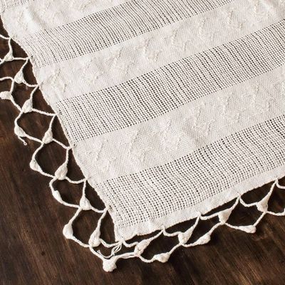Alternate image for Handwoven Eggshell Cotton Table Runner with Bird Patterns Tactic Patterns