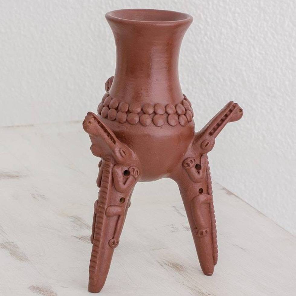 Handcrafted Ceramic Tripod Sculpture with Lizard Motif 'Ancestral Ceremonies'