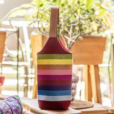 Alternate image for Striped Burgundy Cotton Wine Bottle Bag with Leather Handle Colorful Fest
