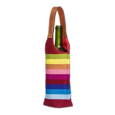 Alternate image for Striped Burgundy Cotton Wine Bottle Bag with Leather Handle Colorful Fest
