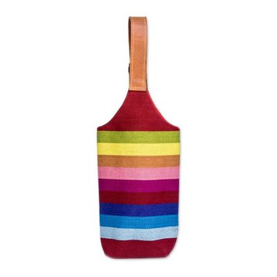 Alternate image for Striped Burgundy Cotton Wine Bottle Bag with Leather Handle Colorful Fest