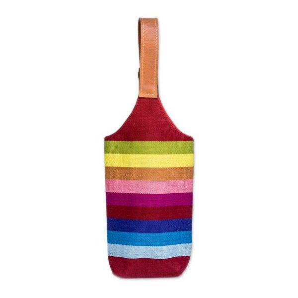 Alternate image for Striped Burgundy Cotton Wine Bottle Bag with Leather Handle Colorful Fest