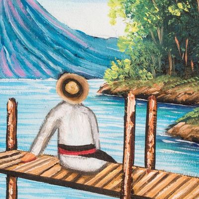 Alternate image for Stretched Oil Impressionist Painting of Guatemalan Lake Comalapense on a Visit