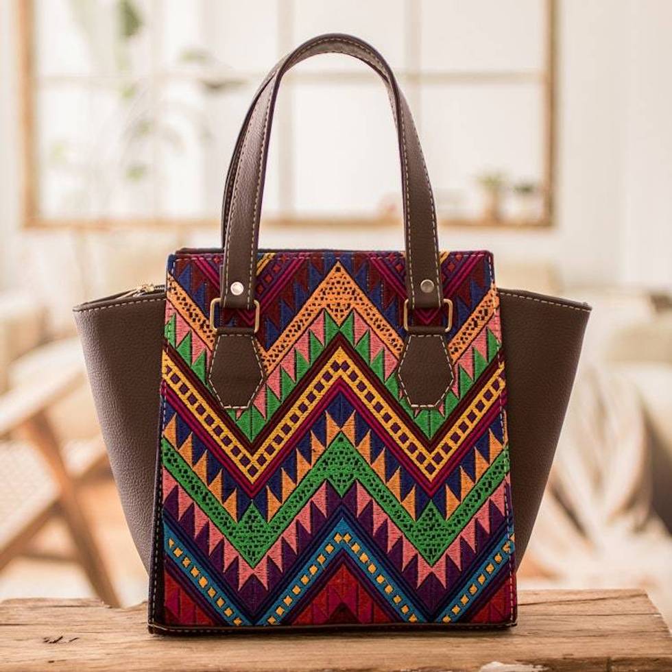 Faux Leather-Accented Chevron-Patterned Cotton Handbag 'Colors of My Home'