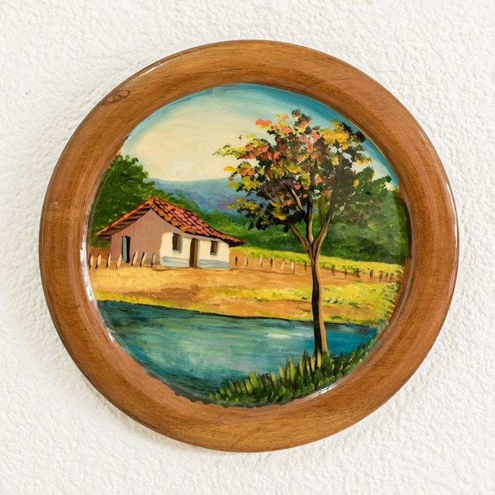 Costa Rica Cottage Hand-Painted Cedar Decorative Plate 'Country Home'