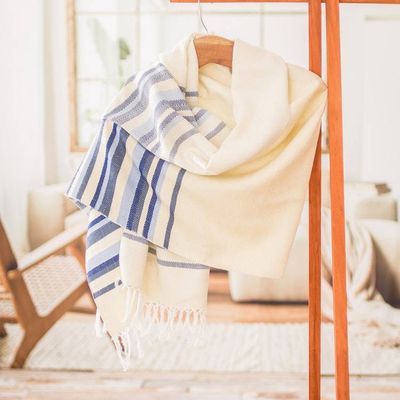 Alternate image for Handloomed Ivory Cotton Shawl with Blue Stripes and Fringes Magical Aurora
