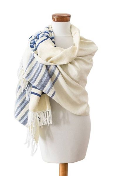Alternate image for Handloomed Ivory Cotton Shawl with Blue Stripes and Fringes Magical Aurora