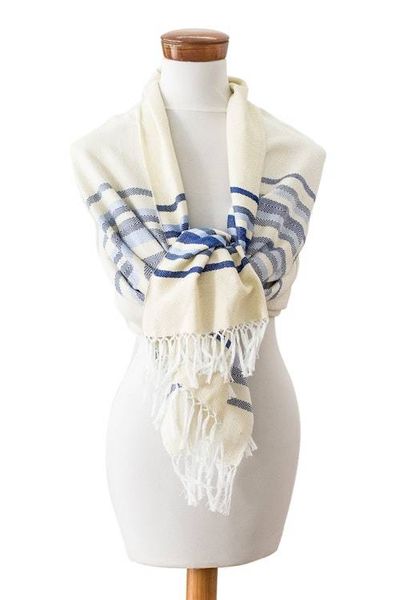 Alternate image for Handloomed Ivory Cotton Shawl with Blue Stripes and Fringes Magical Aurora