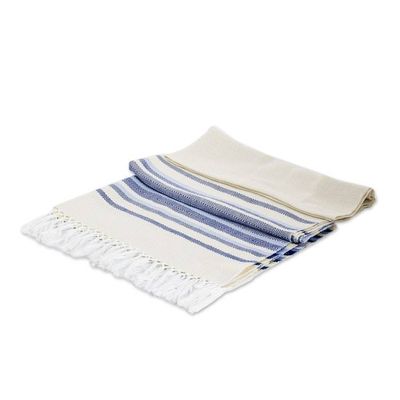 Alternate image for Handloomed Ivory Cotton Shawl with Blue Stripes and Fringes Magical Aurora