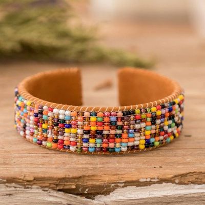 Primary image for Rainbow-Toned Glass Beaded Cuff Bracelet with Leather Accent Rainbow Harmony