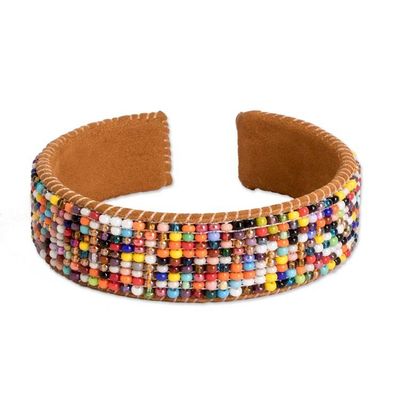 Alternate image for Rainbow-Toned Glass Beaded Cuff Bracelet with Leather Accent Rainbow Harmony