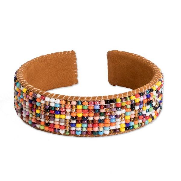 Alternate image for Rainbow-Toned Glass Beaded Cuff Bracelet with Leather Accent Rainbow Harmony