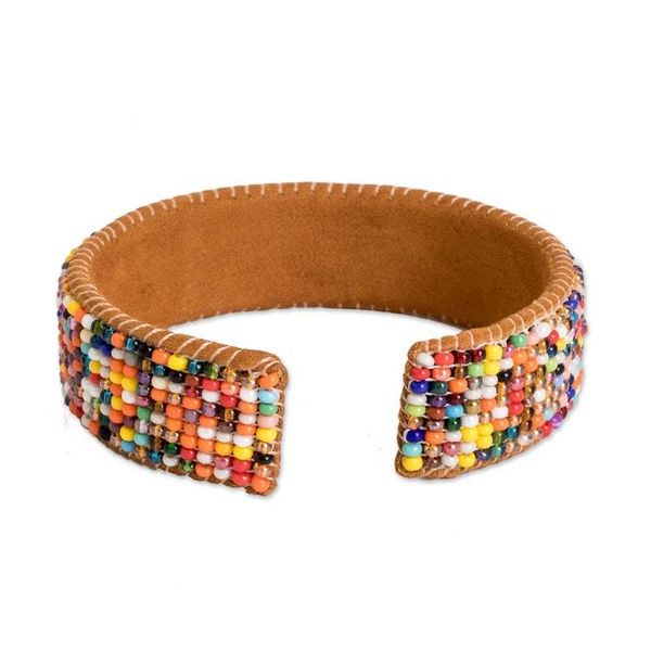 Alternate image for Rainbow-Toned Glass Beaded Cuff Bracelet with Leather Accent Rainbow Harmony