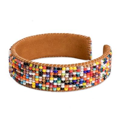 Alternate image for Rainbow-Toned Glass Beaded Cuff Bracelet with Leather Accent Rainbow Harmony