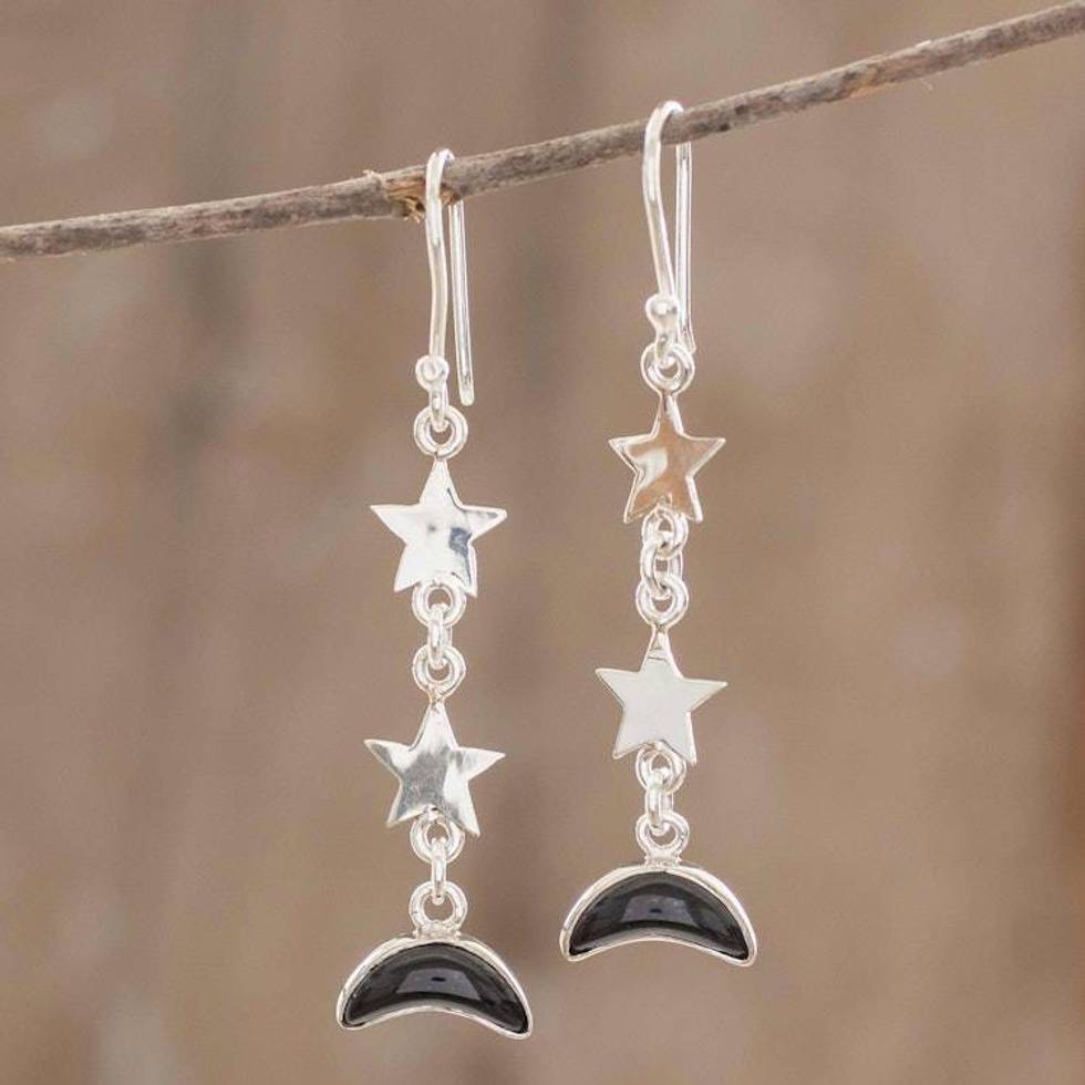 Black Jade Star and Moon Dangle Earrings from Guatemala 'Starry Nights in Black'