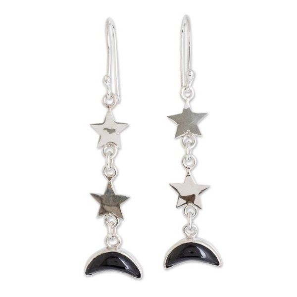 Alternate image for Black Jade Star and Moon Dangle Earrings from Guatemala Starry Nights in Black