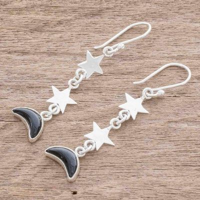 Alternate image for Black Jade Star and Moon Dangle Earrings from Guatemala Starry Nights in Black