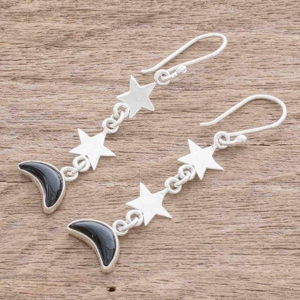 Alternate image for Black Jade Star and Moon Dangle Earrings from Guatemala Starry Nights in Black