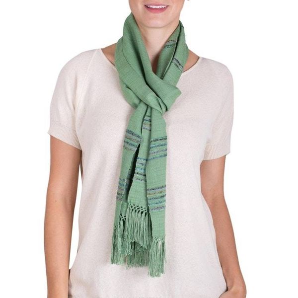 Alternate image for Backstrap Loom Handwoven Green Rayon Scarf Mystic Maya Meadows