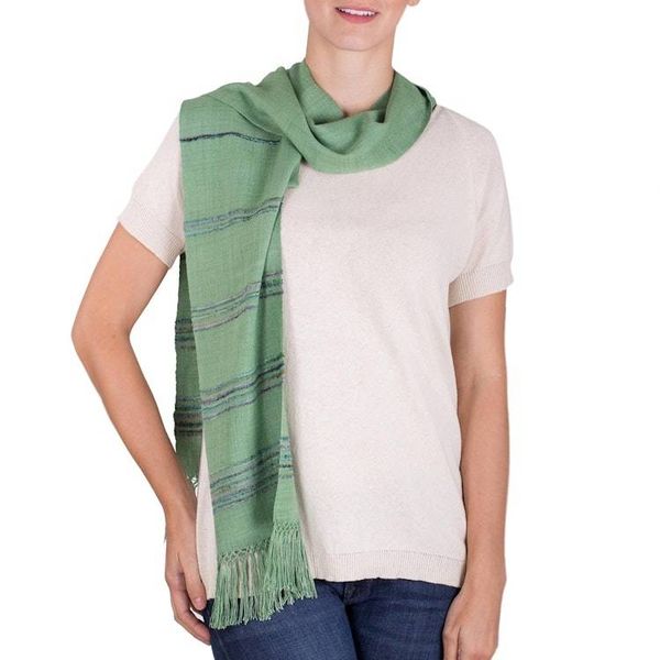 Alternate image for Backstrap Loom Handwoven Green Rayon Scarf Mystic Maya Meadows
